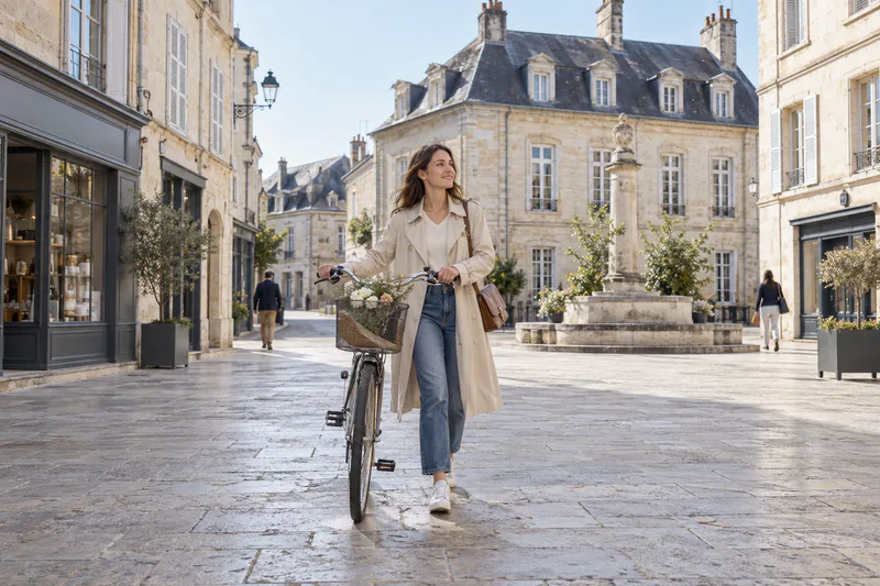 Une femme pousse son vélo sur une place bordée de façades en pierre claire.