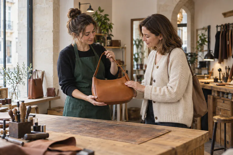 Une artisane présente un sac en cuir à une cliente dans sa boutique.