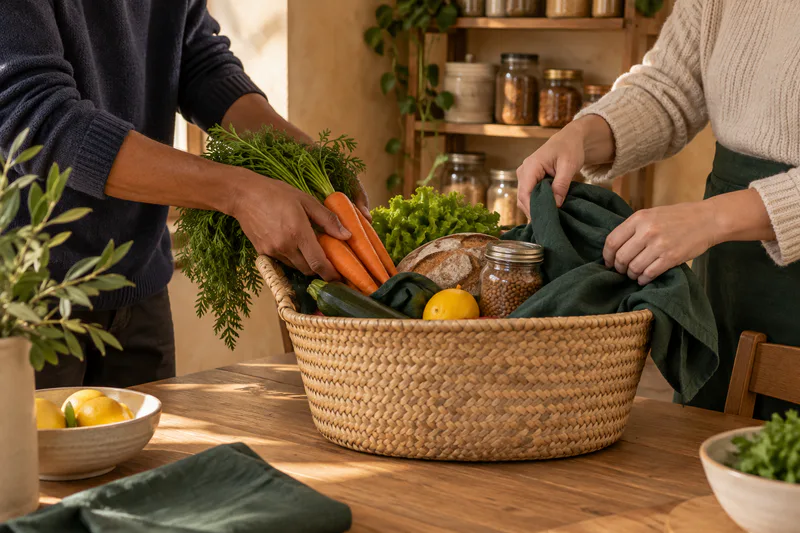 Des mains préparent un panier de légumes sur une table en bois.